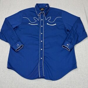 Western Express Mens 2XL Pearl Snap Blue 100% Cotton Vintage Cowboy Western